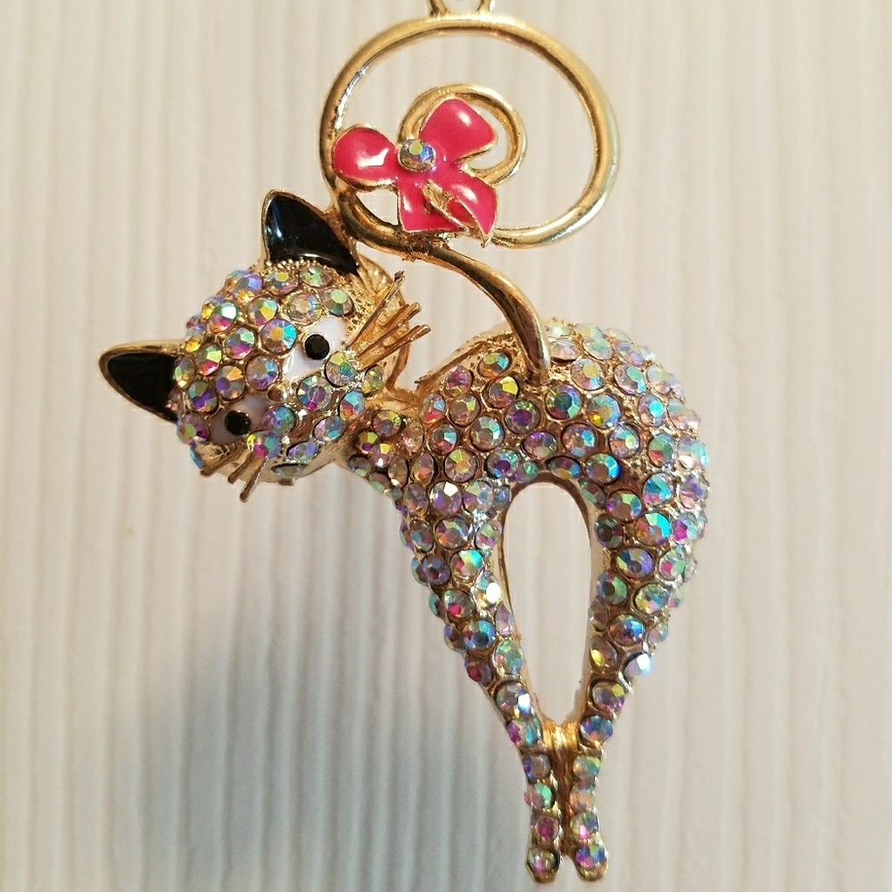 Betsy Johnson Cat with Bow Pendant  Necklace